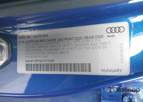 2016 Audi S3 2.0T Premium Plus z USA, uszkodzony, nr VIN WAUB1GFF3G1077246